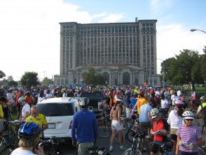 img_1023 Cyclists get ready to roll in front of the old Michigan Central Station